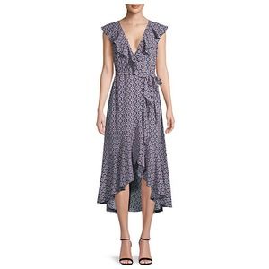 Women's Max Studio Printed Ruffled Wrap Dress Blue Size M